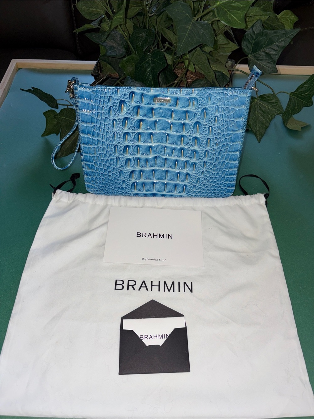 Brahmin Aura Blue Croc-Embossed Daisy Leather Wristlet w/dust bag & care cards
